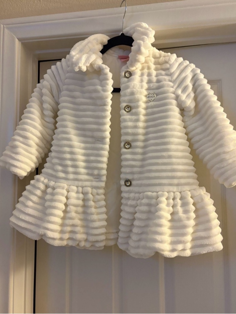 Juicy Couture Girls White Ruffled Textured Pea Coat